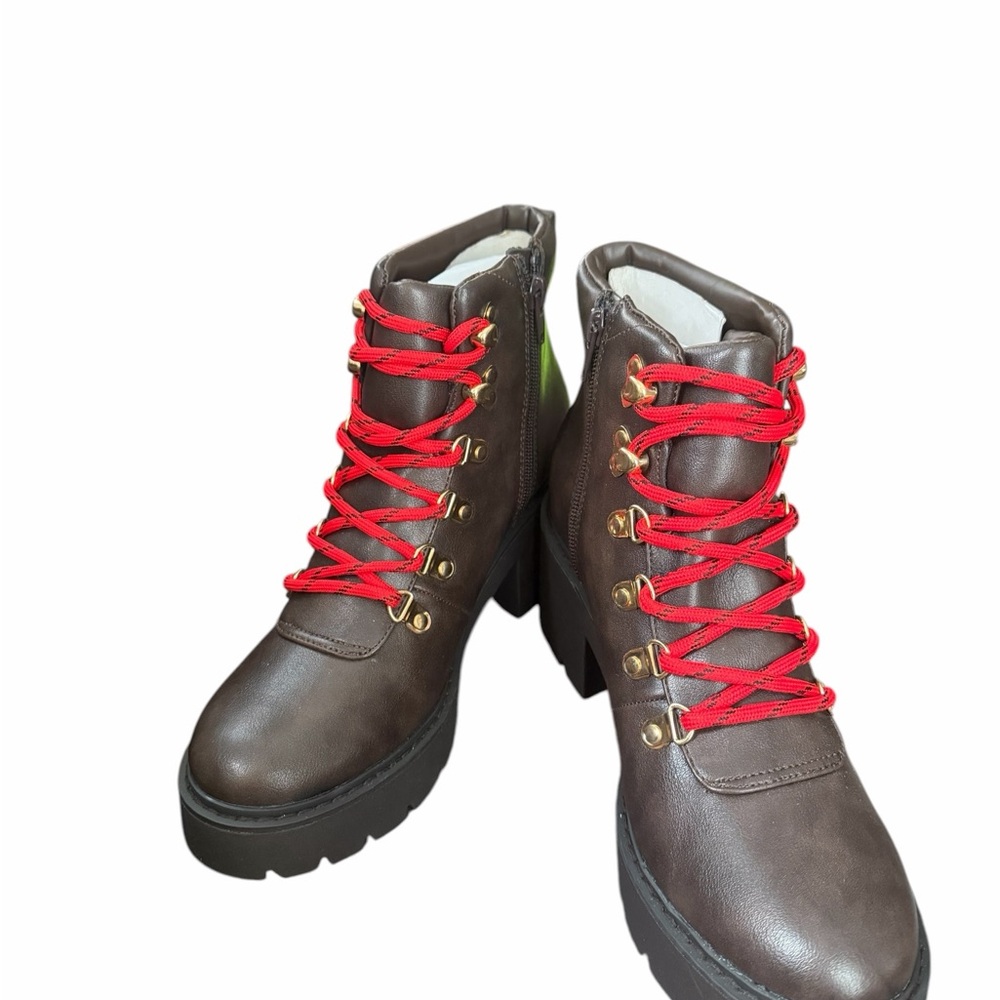 Dolce Vita Brown Platform Lace-Up Ankle Boots with Red Laces